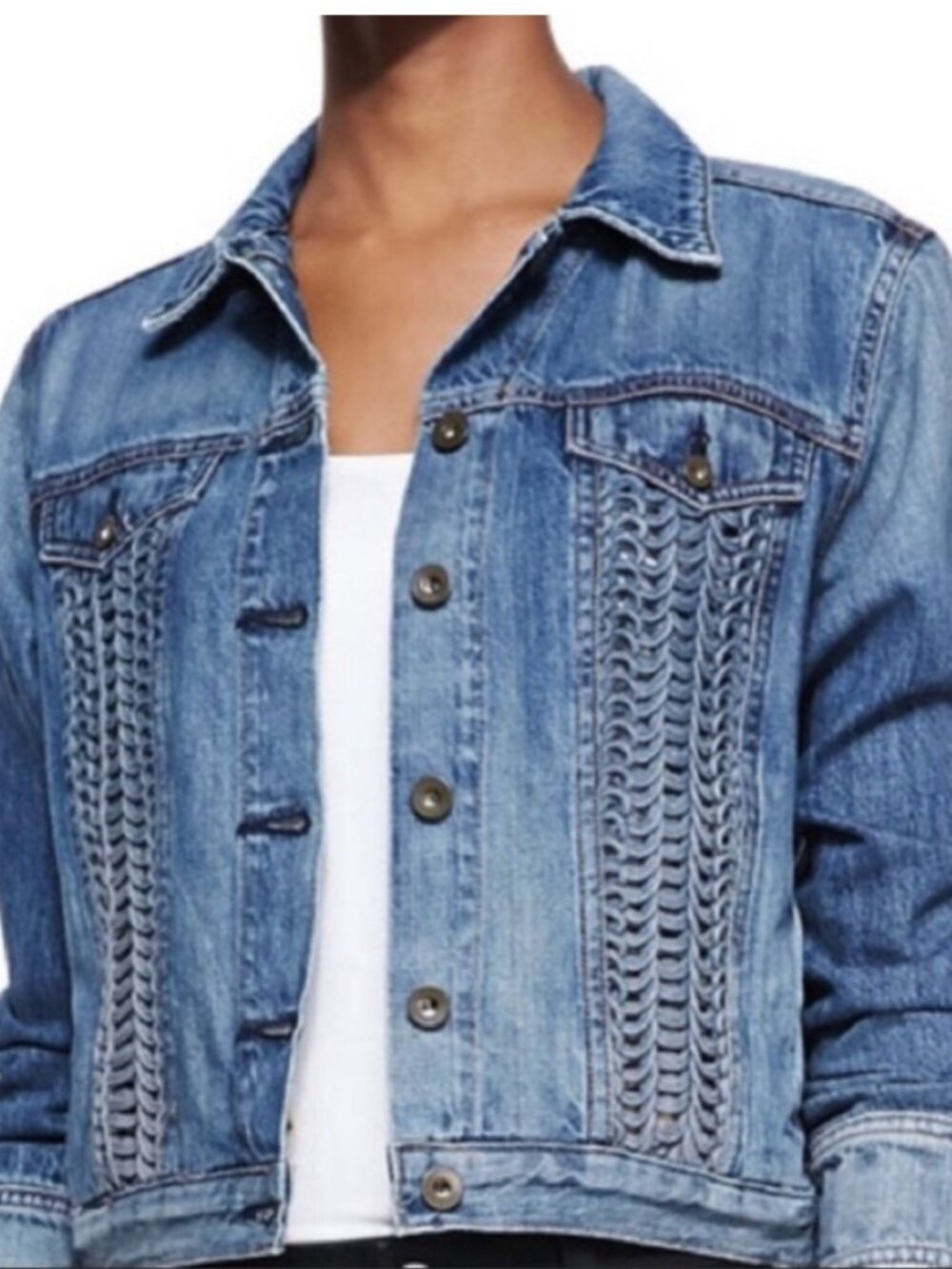 **Rag & Bone Bonnaz Blue Denim Jacket Crochet Detail Textured Jean Jacket XS**